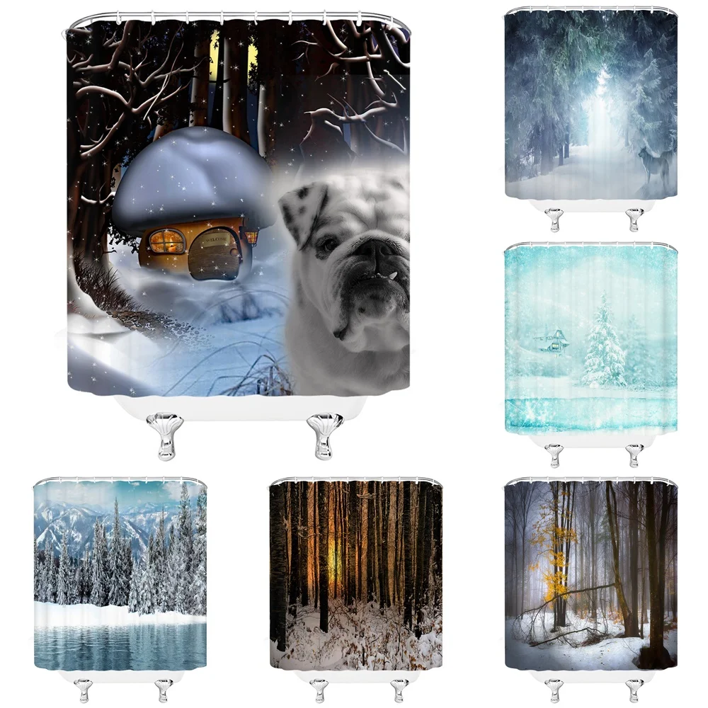 

Winter Landscape Cute Dog Shower Curtains Snow Scenery Forest Pine Needles Tree Bathroom Decor Fabric Bath Curtain Set With Hook