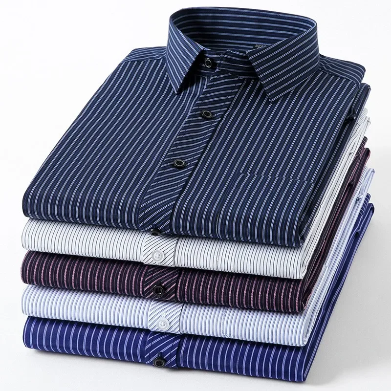 

Men's Classic Striped Regular Fit Long Sleeve Shirt Single Patch Pocket Buttoned Up Formal Business Basic Dress Shirts