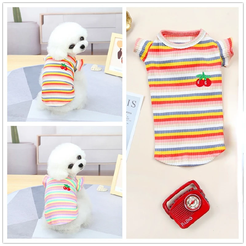 Pet Dog Clothes Rainbow Stripe Dog Cat Hoodie Spring Summer Knitted T Shirt Puppy Clothing for