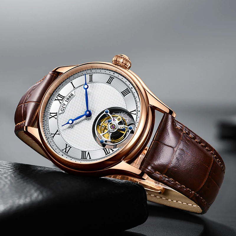 メンズ機械式時計,本物のフライングトゥールビヨン,スケルトン,耐水性