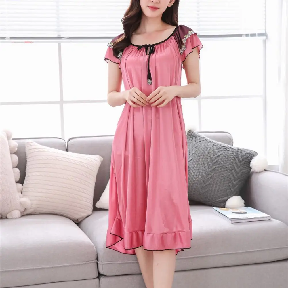 

Women Sleeping Dress O-Neck Lace-up Short Sleeve Summer Nightdress Satin Ruffle Hem Girls Nightgown