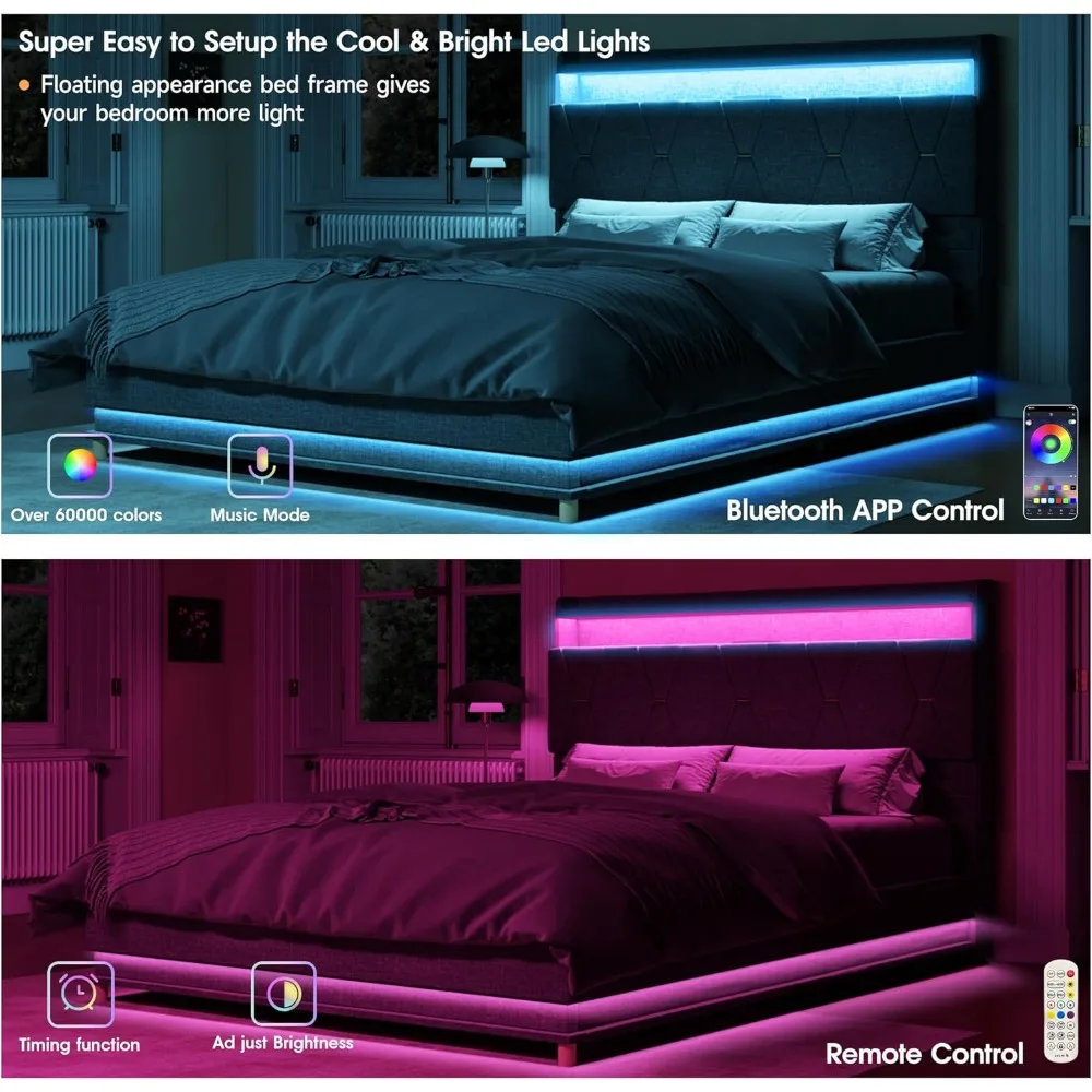 Large Lift Storage Bed Frame, Storage Headboard with Charging Station, Soft Cushioned Platform Bed with LED Lights 3