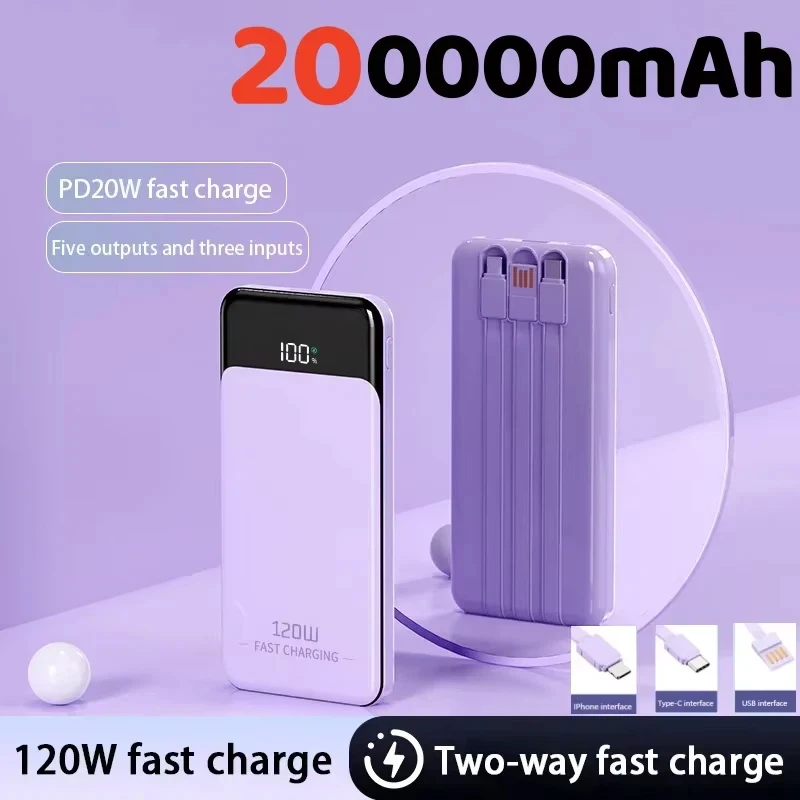 200000mAh Large Capacity Super Fast Charging Mobile Power Bank Convenient 120W built-in three wire Suitable for iPhonei