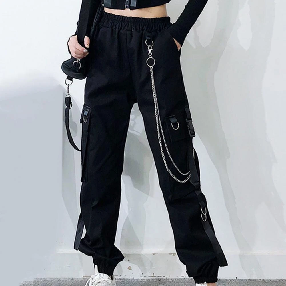 Pantalones Cargo transpirables para mujer, pantalón con cadena de cintura  elástica, Color sólido| | - AliExpress