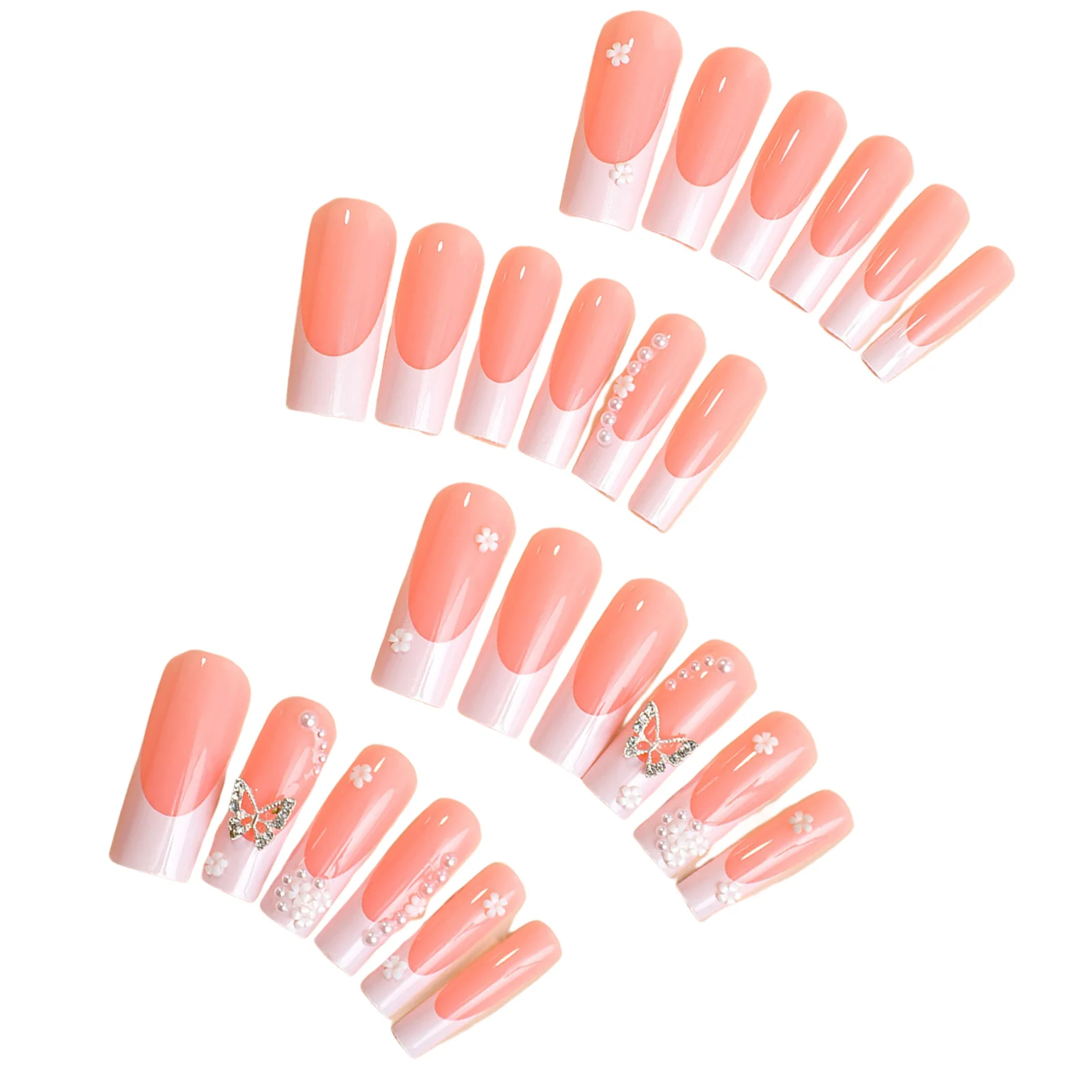 

Butterfly Decor Press-on Nail Set White Flower Imitation Pearl Glossy False Nail for Women and Girl Party Activity