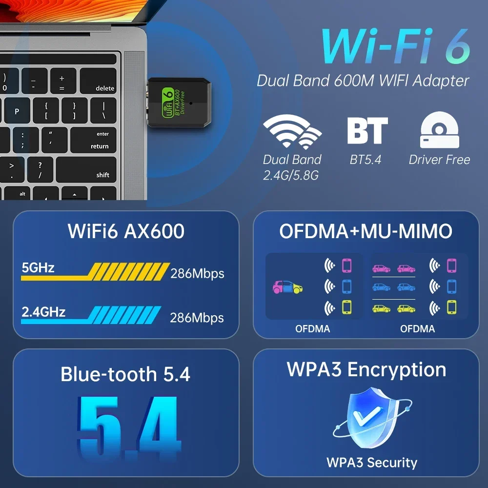 와이파이 6 블루투스 5.4 어댑터 AX600 USB2.0 어댑터 듀얼 밴드 2.4G/5Ghz 네트워크 무선 수신기 PC 노트북용 10/11 드라이버 프리