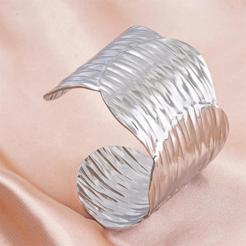 1/2Pcs Stainless Steel Women Irregular Textured Open Cuff Bangle Bamboo Leaves Ear Of Wheat Hammered Chunky Men Bracelet Jewelry 4