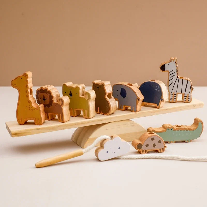Wooden Puzzle Toys Baby Montessori Threading Seesaw Balance Blocks