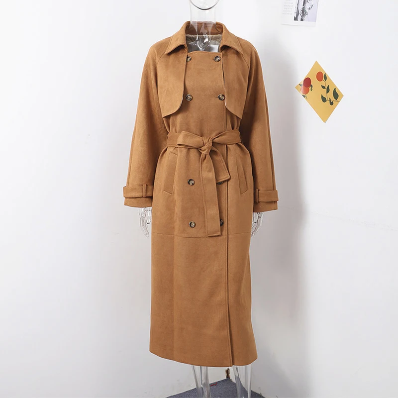 Elegant Suede Long Trench Coat Women Belt Double Breasted Full Sleeve Brown Windbreaker Autumn Lady Street Outwears New
