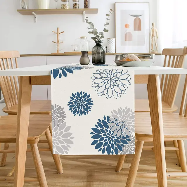 Kék Szürke Dahlia Virág Linen Asztali Runner Ünnepi Esküvői Party Dekoráció Modern Étkező Terítő - Image 5