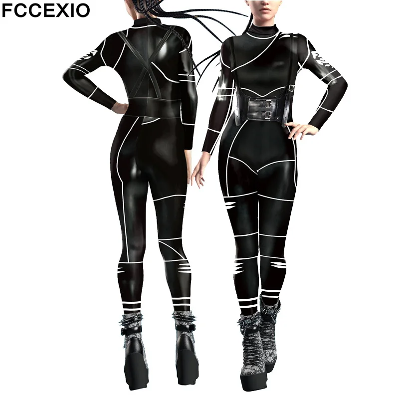 

FCCEXIO Wednesday Battle Day Print Women Sexy Skinny Jumpsuit Carnival Cosplay Fancy Bodysuit Festival Party Elastic Rompers