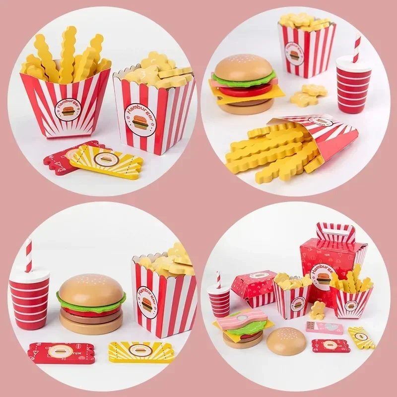 New Wooden Kitchen Pretend Play Toy Simulation Wooden Hamburger Chips Snack Baby Early Learning Educational Toys For Gifts Kids