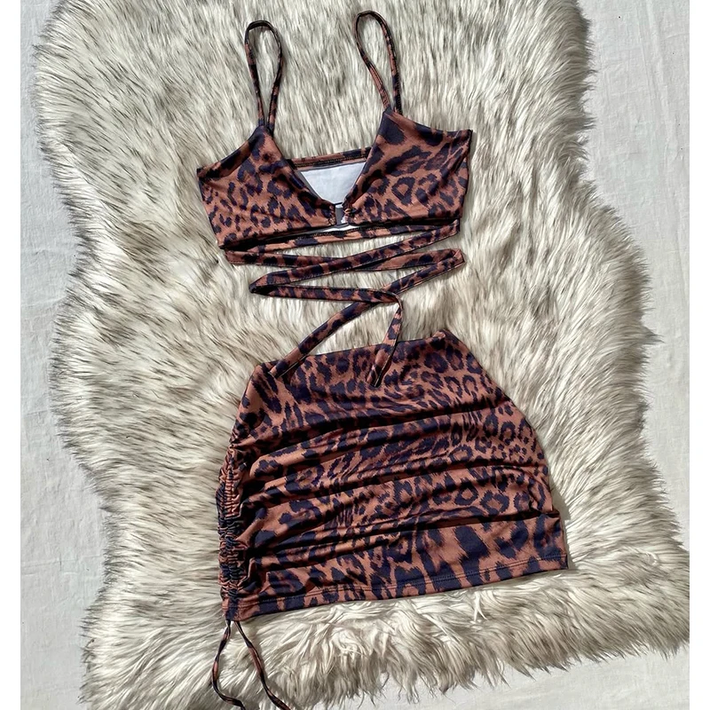 2025 New Sexy Leopard Two-piece High Waist Drawstring Wrapped Hip Skirt Bikini Set Women Halter Swimsuit Beach Lady Bathing Suit