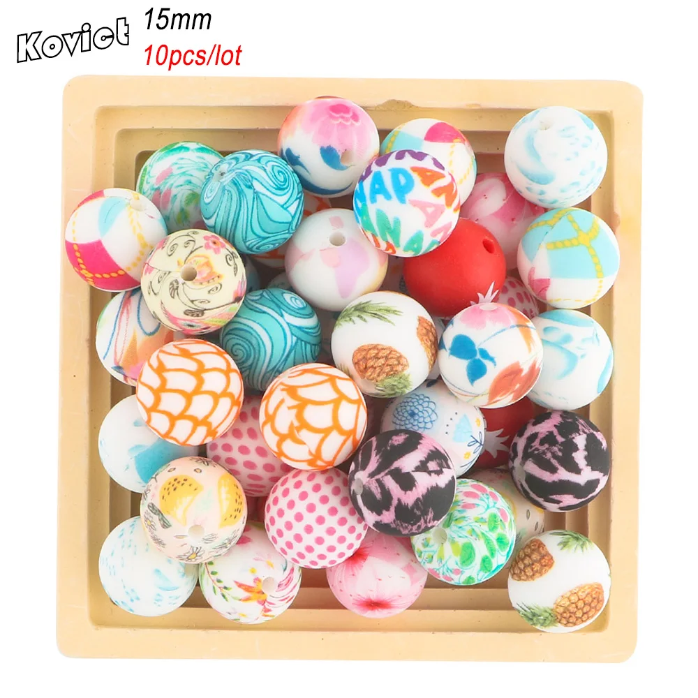 Kovict 10Pcs 15MM Leopard Silicone Beads Loose Silicone Bead Print Food Grade DIY Baby Pacifier Chain Accessories