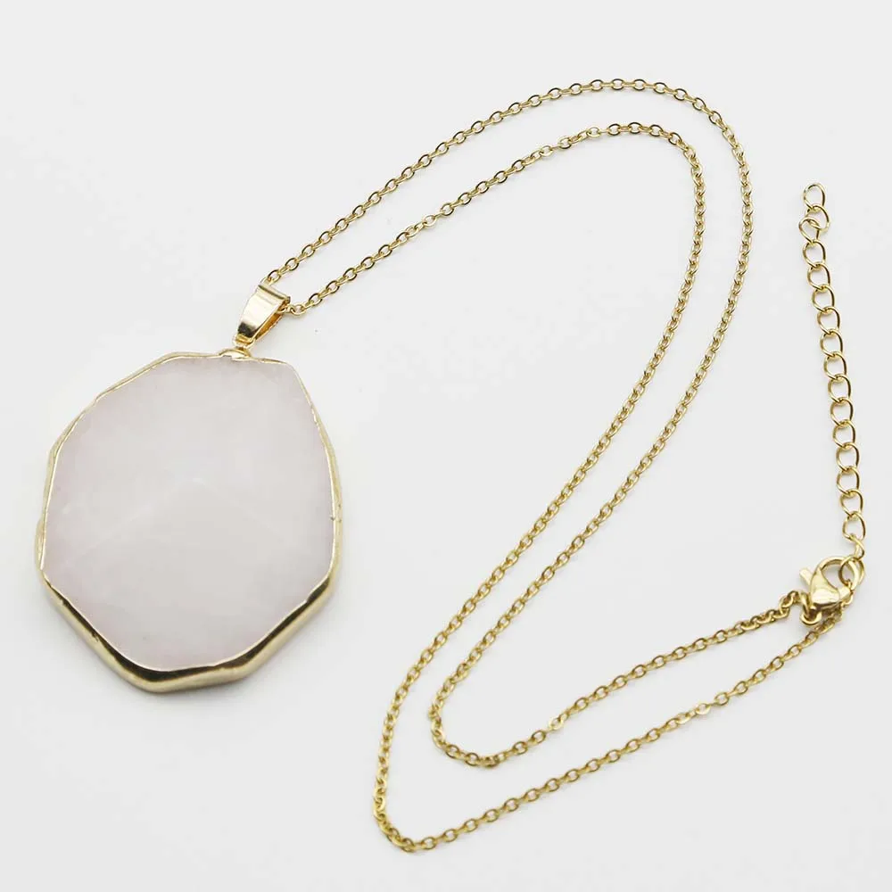 Natural Stone Irregular White Crystal Gold Edge Pendant Stainless Steel Chain Necklace Charms Jewelry Accessories Wholesale 4PCS