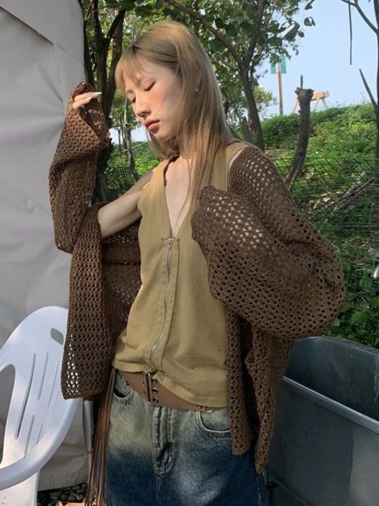 

Вязаный кардиган в стиле Харадзюку, Женский винтажный Свитер оверсайз с вырезами, корейский модный Свободный Повседневный тонкий Топ с длинным рукавом