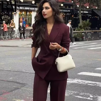 سترة نسائية HXAO ملابس خارجية ملابس مكتبية سترة نسائية للخريف بأكمام طويلة سترات بورجوندي سترة رسمية للنساء بسيطة 6