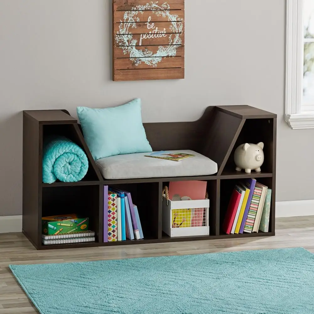 Kids Reading Nook Storage Bookcase Cubes Bench Foam Cushion Playroom Library Durable Wood Composite Childrens Furniture 2