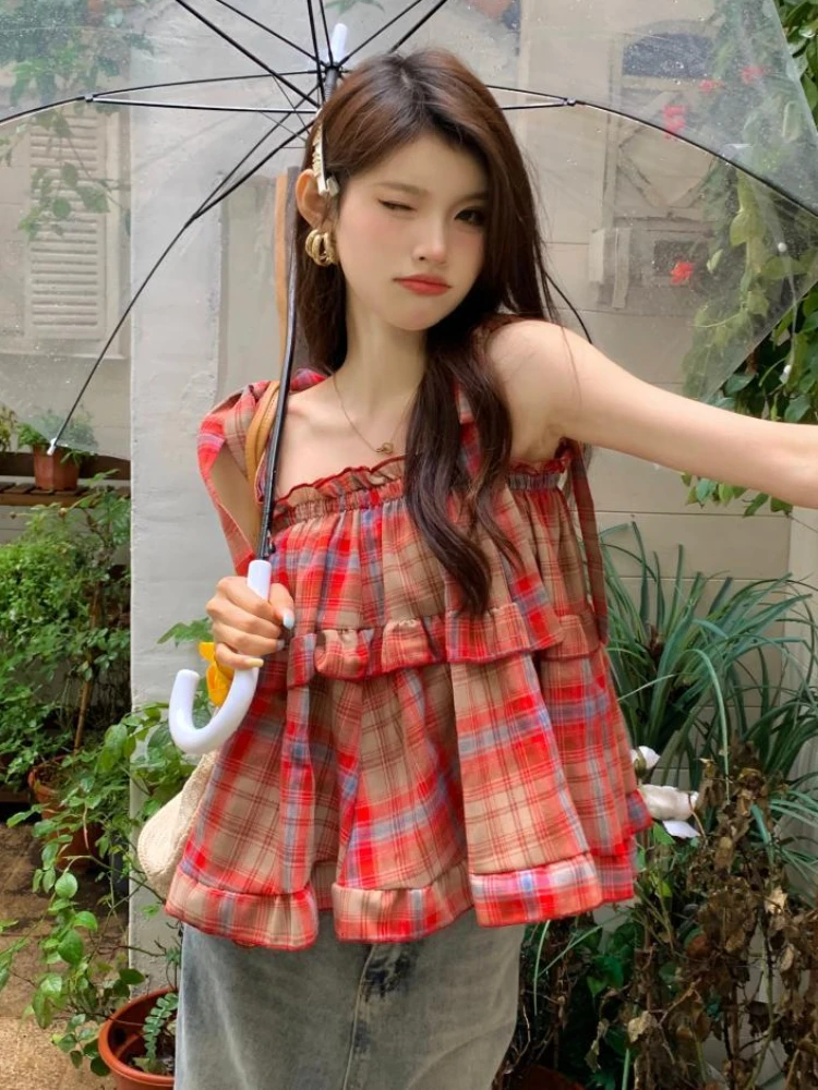 

Женская клетчатая кофта в Корейском стиле, стильная простая пляжная свободная Милая шикарная кофта с оборками для девушек, на лето