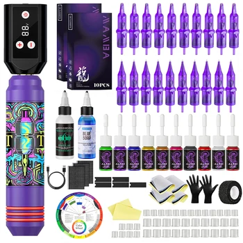 Kit Macchina per Tatuaggi in Plastica con Penna per Tatuaggi, Batteria Wireless da 1200mAh, Gel per Trasferimento Stencil e Inchiostro per Tatuaggi per Body Art