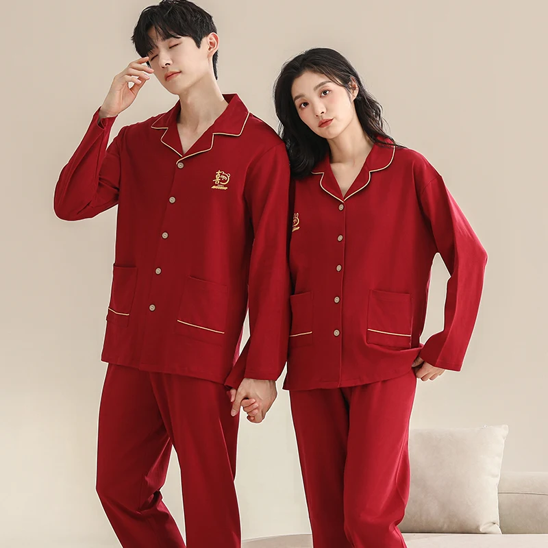 

Auntumn Couple Pajama Sets Women Heart Printed Cotton Sleepwear for Men Long-sleeve Trousers Pyjamas Set Wedding Morning Clothes