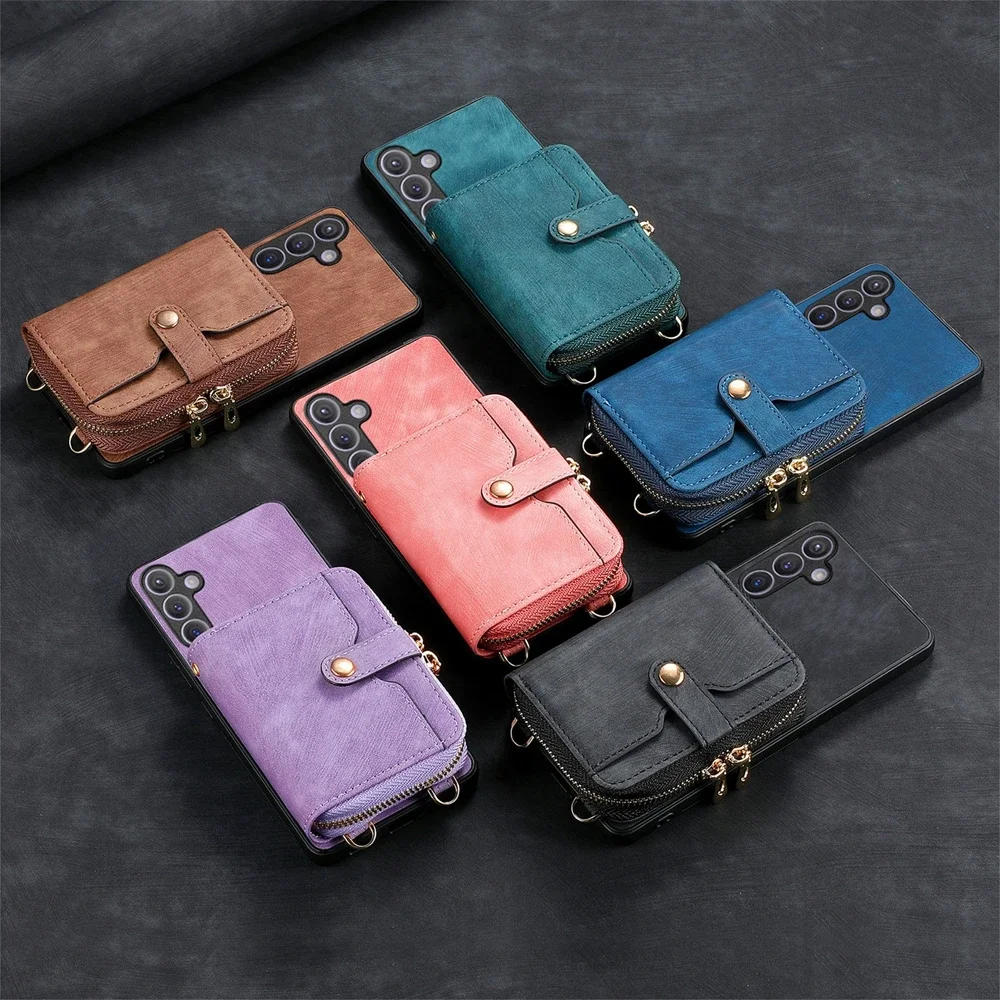 Leather Phone Cover with Zipper Wallet and Lanyard Stand Feature