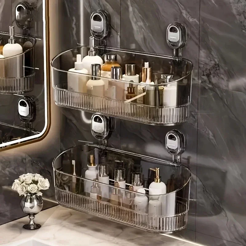 No Drill Bathroom Suction Storage Box Powerful Suction Cup Storage Rack Corrugated Cup Holder Shower Shelf