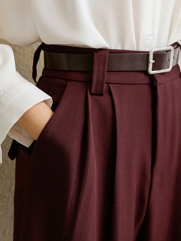 2026 New Burgundy Suits Pants for Women Office Lady Elegant High Waist Wide Leg Fashion Trousers with Pockets Black Gray