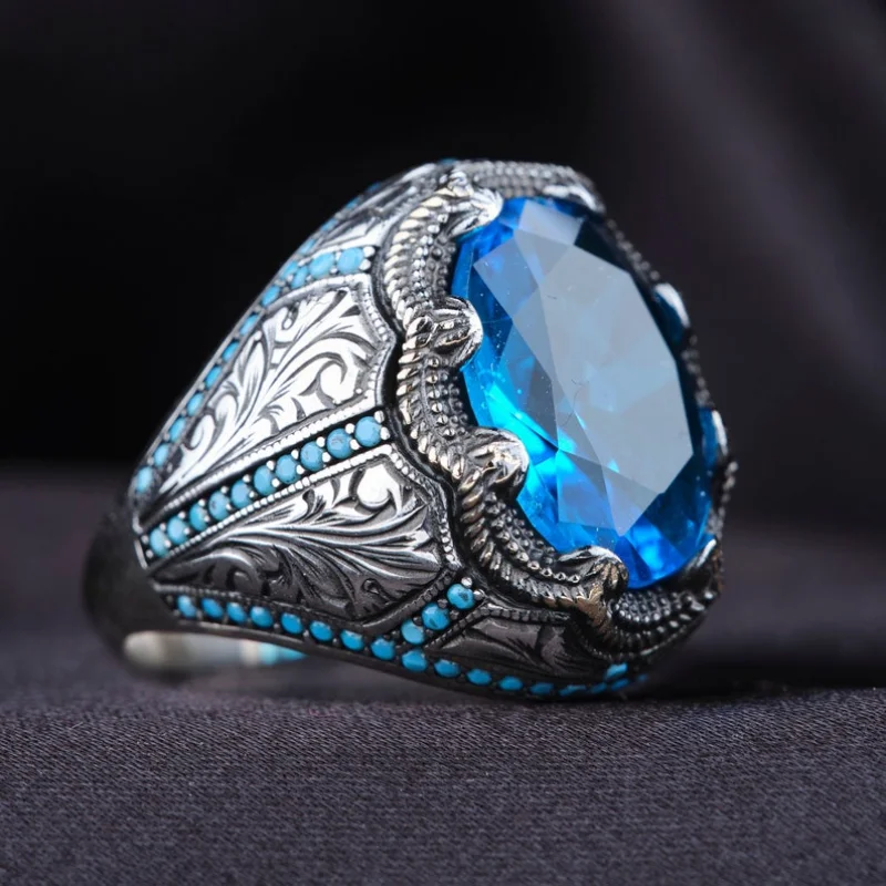 Turkish Rings Retro Handmade For Men Vintage Metal Silver Inlaid Blue Zircon Punk Muslim Jewelry