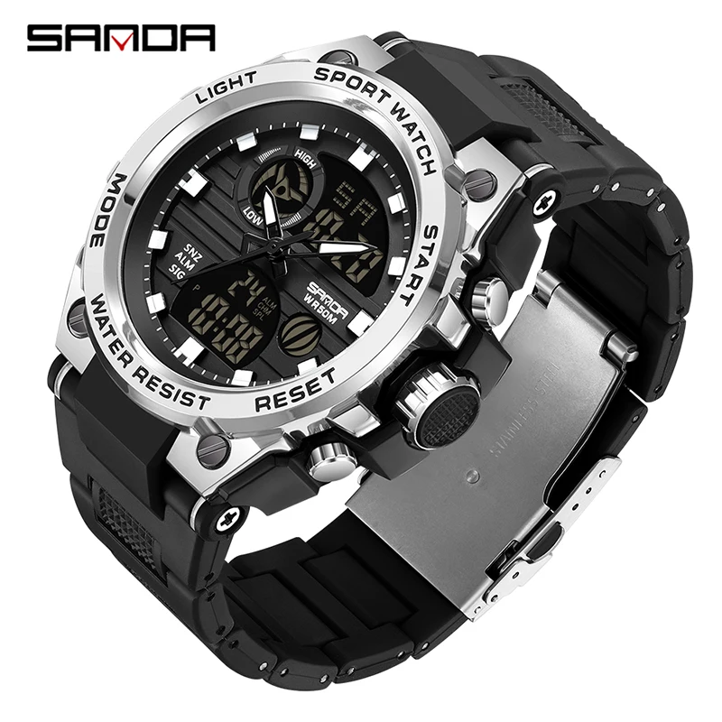 

SANDA Brand New Mens Sport Waterproof Wristwatch Fashion Double Display Digital Quartz Watch Men LED Military Army Date Watches