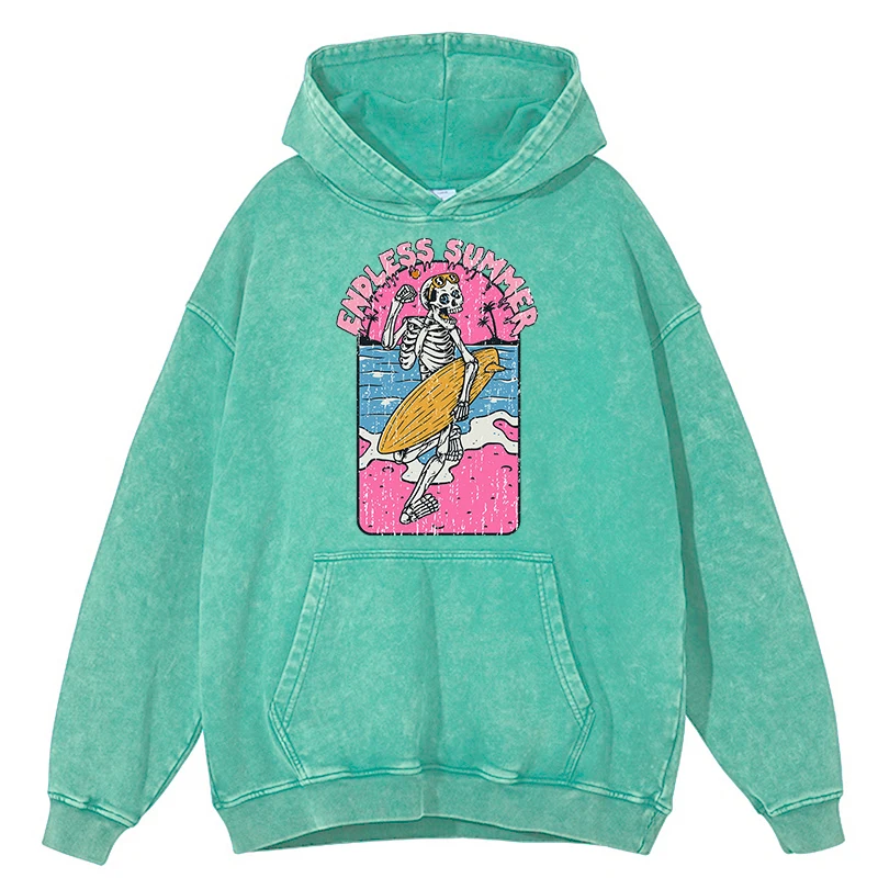 thumbnail image 1 of Sudadera con capucha para hombre, estilo retro, desgastado, con estampado de calavera y surf, estilo informal, de gran tamaño, 100 % algodón, 1 of 5