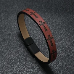Men's Leather Bracelet with Detachable Magnet Buckle - Punk Cross Design Accessories (Wine)