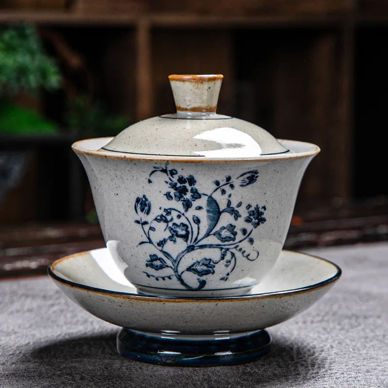 Vintage Firewood Hand Painted Gaiwan Ceramic Blue and White Ceremony Bowl Kung Fu Tea Set Stoneware Brewing Cover Tureen Tea Set