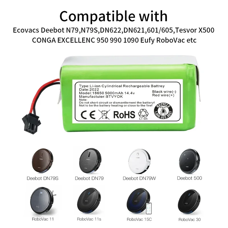 

14.4V 5000mAh Li-ion battery for Conga Excellence 990 1090 Ecovacs Deebot N79 N79S DN622 Eufy RoboVac 11 11S RoboVac 30