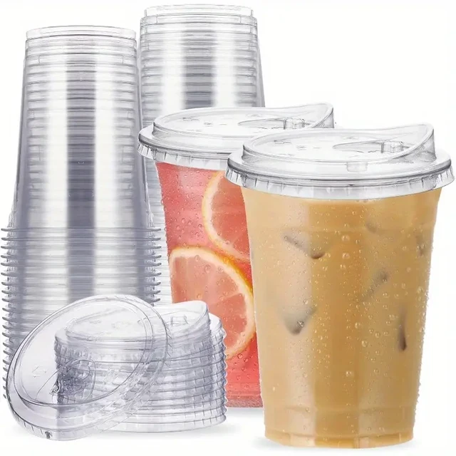 10pcs Plastic Cup With No Straw Mouth Direct Drinking Transparent Disposable Coffee Cup Suitable For Smoothies Cold Drinks Milk