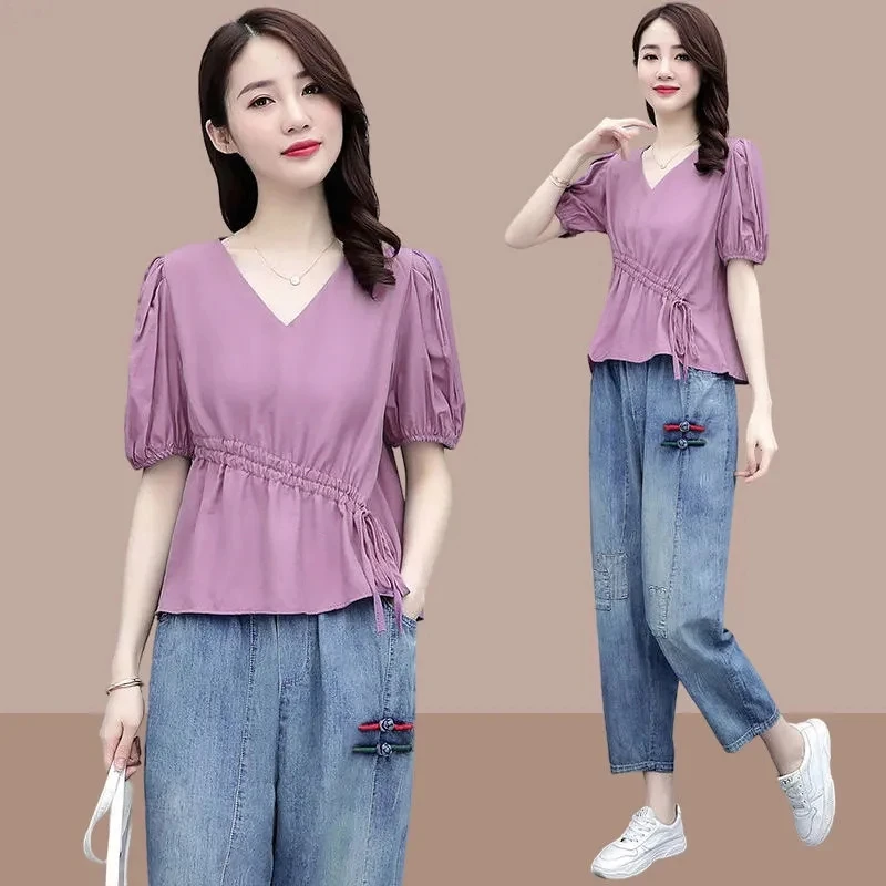 

Летний женский комплект, новинка 2022, модная футболка с коротким рукавом и джинсы, женский наряд из 2 предметов, Свободный Повседневный брючный костюм, женский комплект из двух предметов