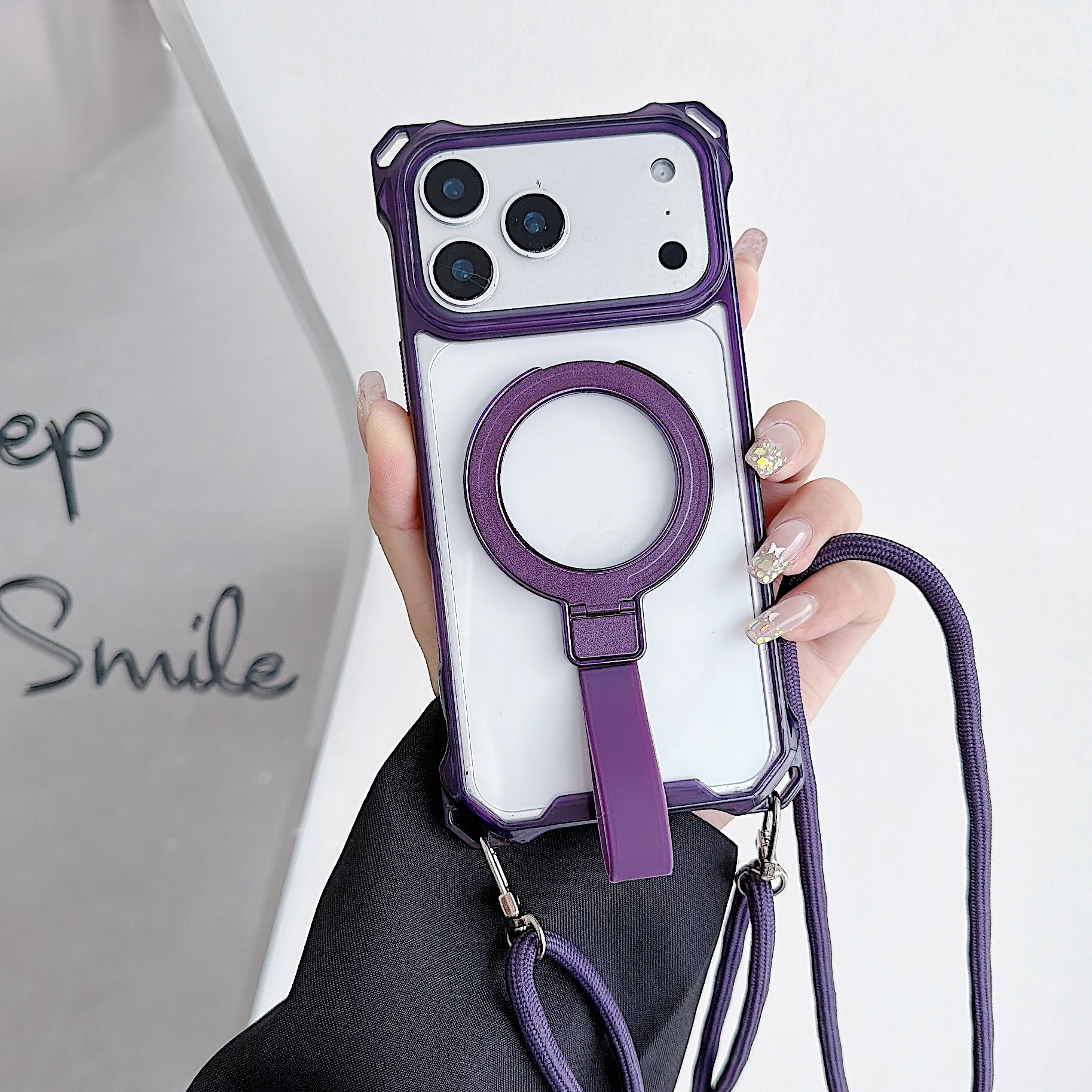 Luxury Armor Magnetic Phone Case with Crossbody Strap & Clear Cover