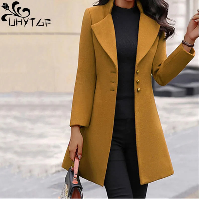 

UHYTGF Korean Autumn Winter Woolen Jacket Women Single Breasted Lapel Slim Female Coat Medium Length Elegant Ladies Clothes 2438