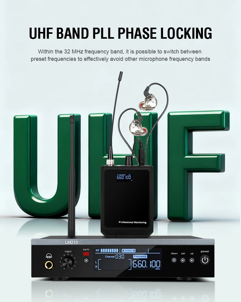 KDES LM210 무선 인이어 모니터링 시스템 UHF 스테이지 리턴 스튜디오 스테레오 모니터링 시스템 (스튜디오 밴드 공연 쇼용)