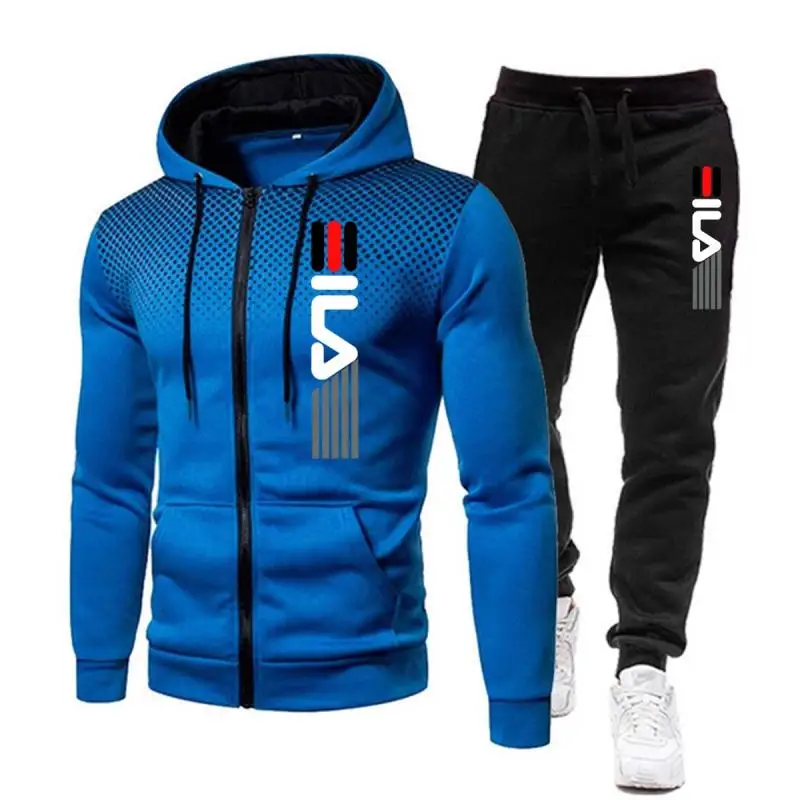 Fashion Tracksuit for Men Print Zipper Hooded Sweatshirt and Sweatpants Two Pieces Suits Male Casual Fitness Jogging Sports Sets