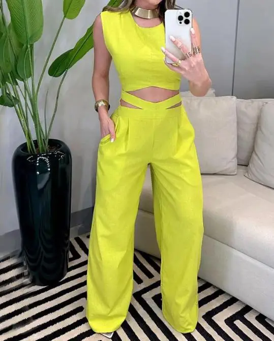 

Female Fashion Sleeveless Backless Sexy Top & Loose Trousers Set Women's Set Casual Hollow Out Outfits Two Piece Suit Summer