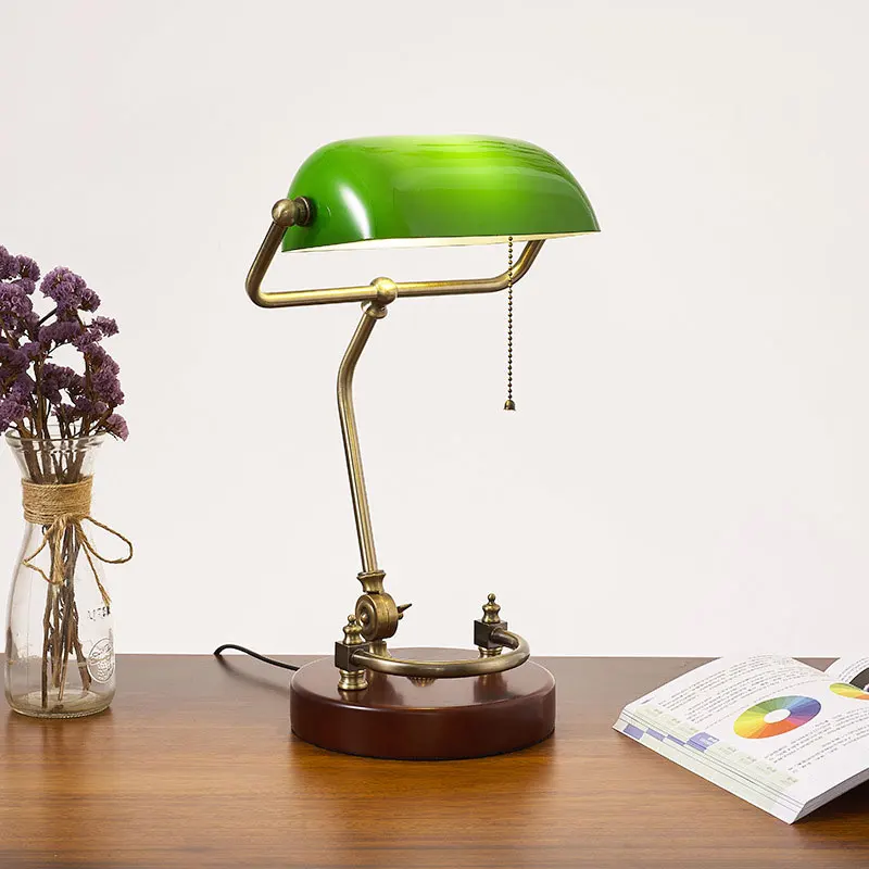 American Retro Desk Lamp Living Room Study Bedroom Bedside Green Glass Lamp European Antique Wooden Bank Table Lamp