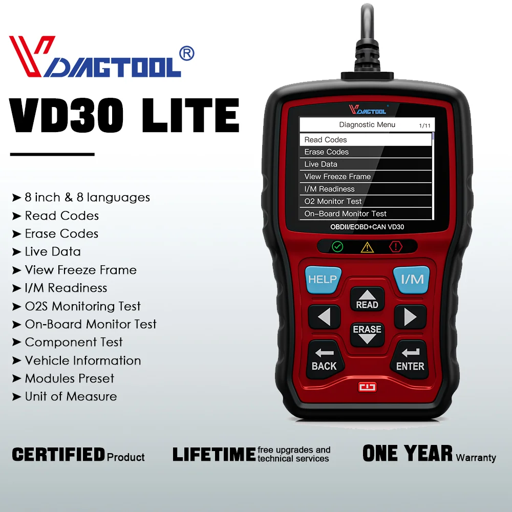 

VDIAGTOOL VD30 Lite OBD2 Scanner DTC Lookup Code Reader I/M Readiness Car Scan Tool Battery Test Multi-language