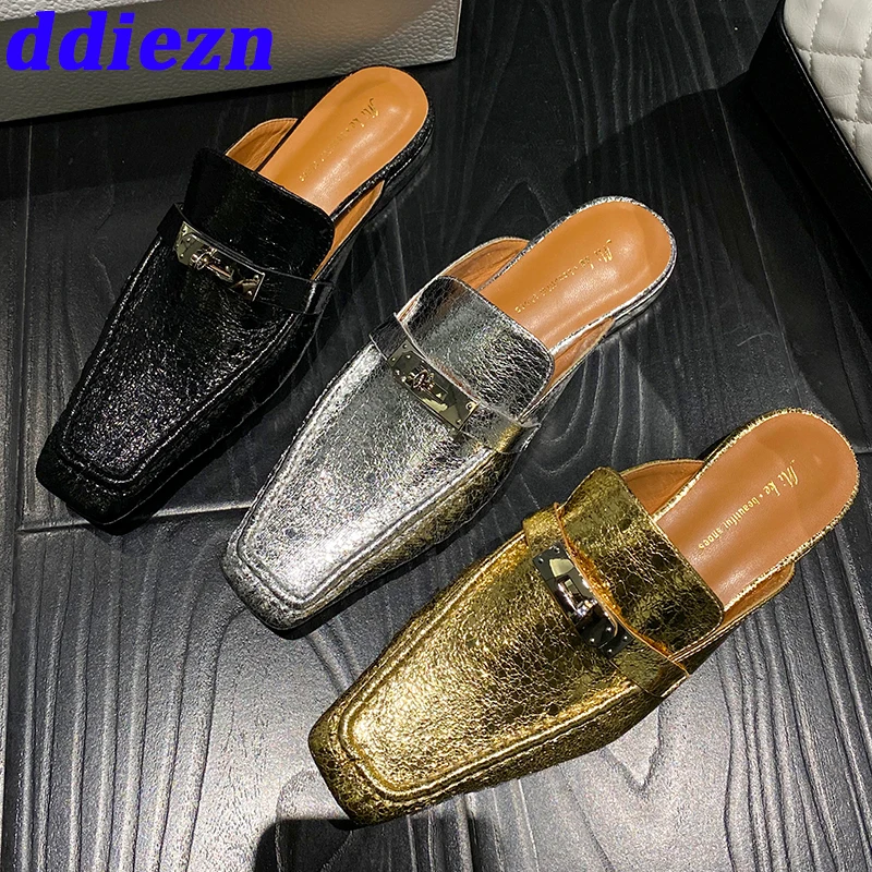 

Female Slippers Flats Shoes Ladies Slides Sandals Summer Designer Fashion Square Toe Metal Mules Slippers Shoes For Women 2023