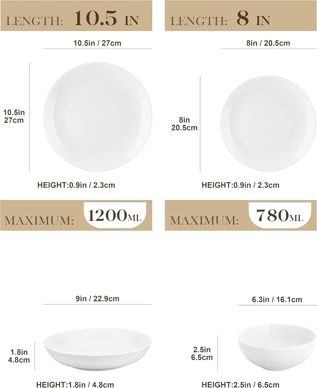 MALACASA 24-Piece Gourmet Porcelain Dinnerware Sets, Modern White Round Dish Set for 6-Premium Serving Plates and Bowls Sets f