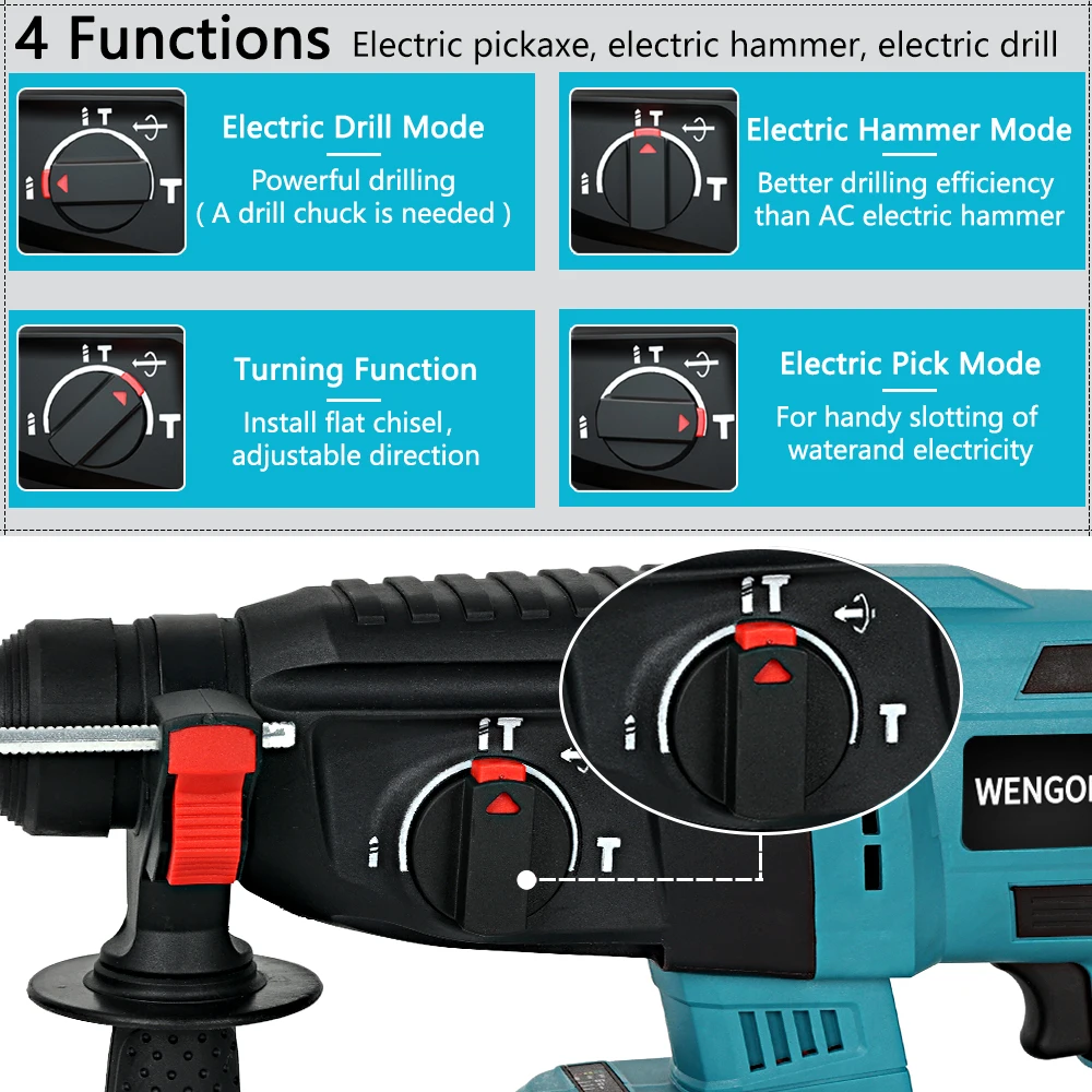 18V 26MM Brushless Cordless Electric Hammer Drill  3500RPM Impact Drill Multifunctional Rotary Electric Pick Drill Power Tools 3