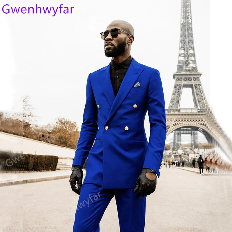 

Gwenhwyfar Elegant Royal Blue Suits for Men Prom Dresses Peak Lapel Double Breasted Slim Fit Men Wedding Suits Groom Tuxedo