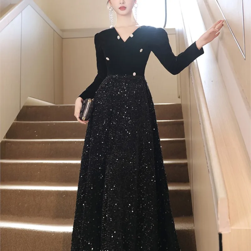 

Black Evening Dress Women's Light Luxury Niche Temperament Banquet High-End Art Exam Performance Host