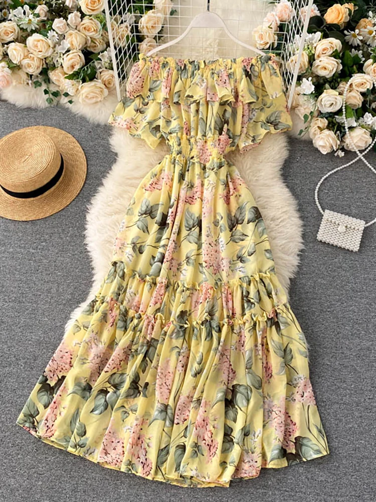 Ruffle Shoulder Straps Sweetheart Neck Chiffon Boho Dresses Papaya