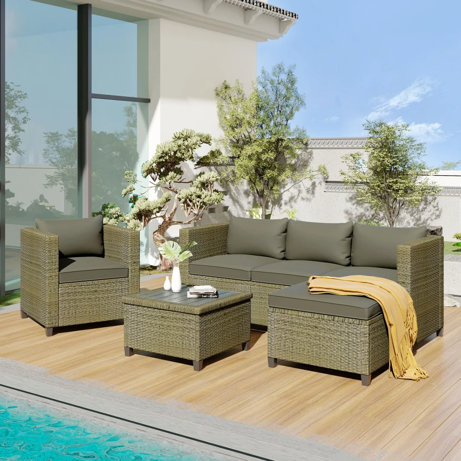 Outdoor 5 Piece Conversation Set  Patio Furniture Sets,Wicker Rattan Sectional Sofa with Seat Cushions